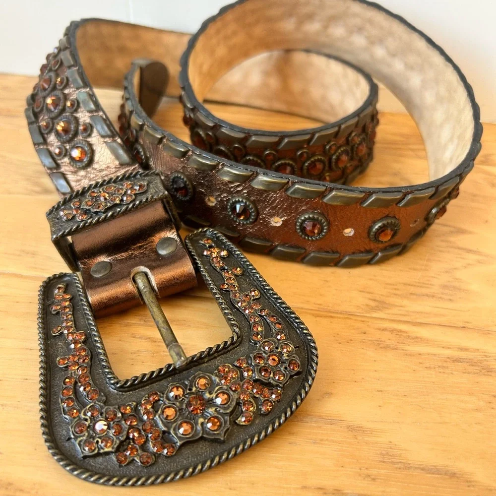 Vintage Leather Rock Rhinestone Western Cowgirl Belt Copper Bronze Cognac USA